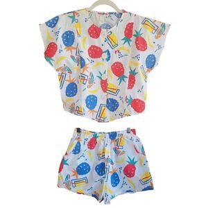 Vintage Hang Ten Top & Shorts Set Fruit Cocktail Print Surfer SZ L 100% Cotton